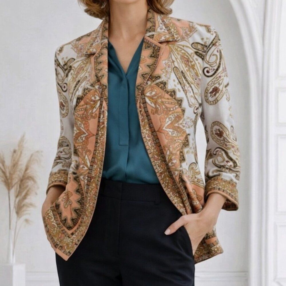 TALBOTS Blazer Jacket Boho Paisley Cotton Size 4 Multicolor Print